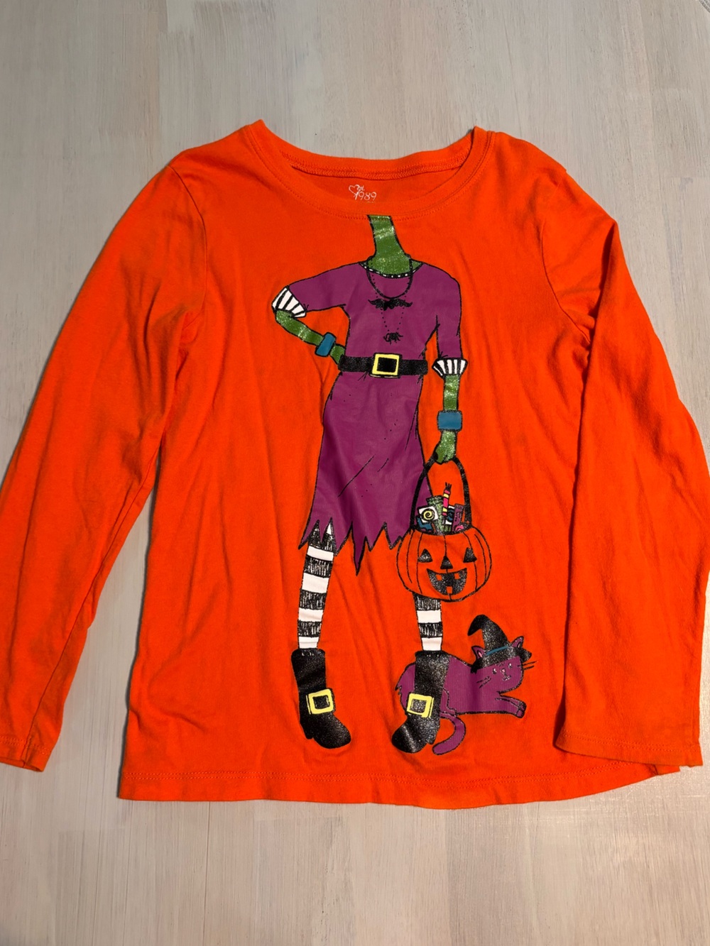 Kids Girl Halloween Witch Costume Long Sleeve Tee Shirt Orange Purple Medium 7/8